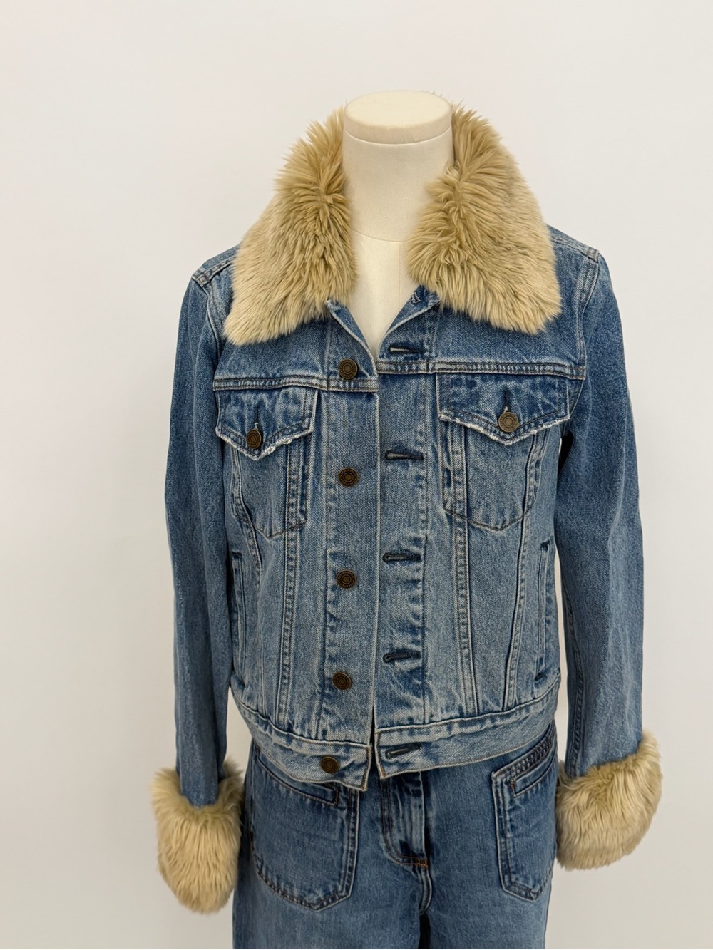 Reformation Light Blue Denim Jacket with Faux Fur Trim